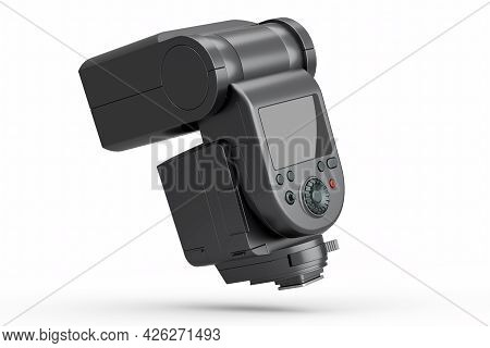 Camera External Flash Speedlight Isolated On White Background. 3d Rendering And Illustration Of Prof