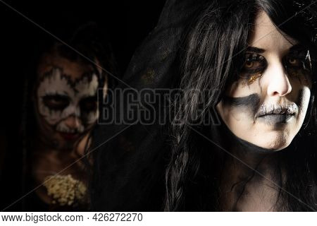 Supernatural Entities, Portrait Of Two Supernatural Entities, Artistic Makeup, Black Background, Low
