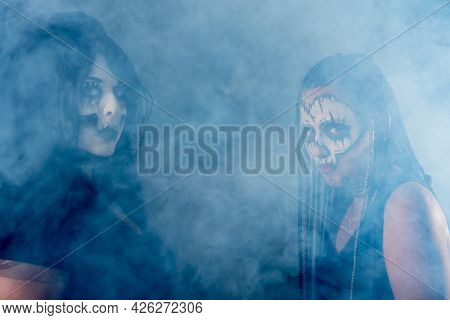Supernatural Entities, Portrait Of Two Supernatural Entities, Artistic Makeup, Black Background, Low