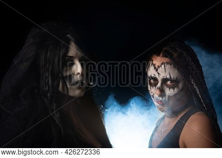 Supernatural Entities, Portrait Of Two Supernatural Entities, Artistic Makeup, Black Background, Low