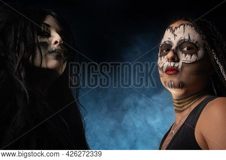 Supernatural Entities, Portrait Of Two Supernatural Entities, Artistic Makeup, Black Background, Low