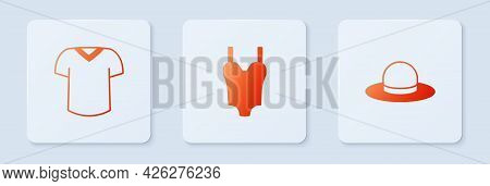 Set Swimsuit, T-shirt And Man Hat. White Square Button. Vector