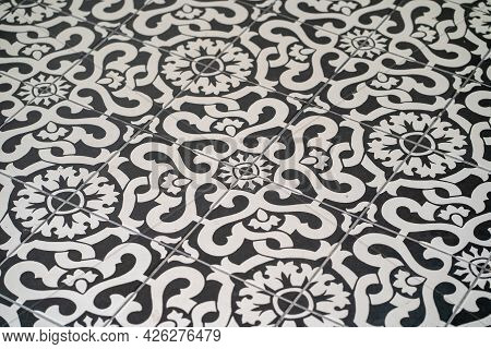 Beautiful Stylish Floor. Retro Old Vintage Floor Tiles. Portuguese House Marocain Style Interior Hyd