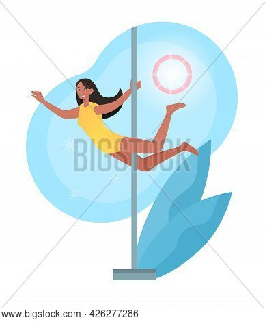 Smiling Female Character Is Training Pole Dance In Studio. Young Cheerful Girl Is Pole Dancing For S