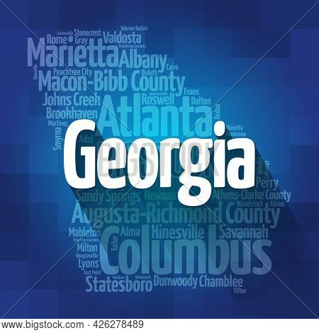 List Of Cities In Georgia Usa State, Map Silhouette Word Cloud Map Concept