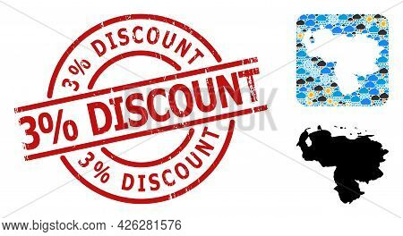 Weather Collage Map Of Venezuela, And Rubber Red Round 3 Percent Discount Stamp Seal. Geographic Vec