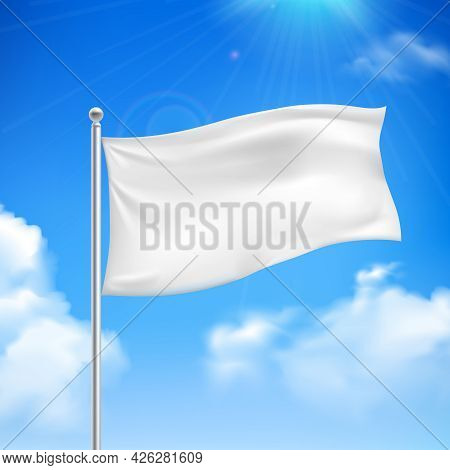 White Flag In The Wind Against The Blue Sky With White Clouds Background Banner Abstract Vector Illu