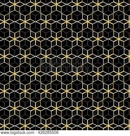 Vector. Modern Abstract Seamless Pattern. Golden Hexagon Geometric Shapes On Black Background.