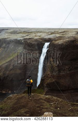 Drone shot of the Haifoss waterfall, Iceland