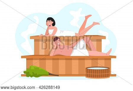 Young Smiling Male And Female Characters Are Spending Time In Sauna Together. Young Man And Woman In