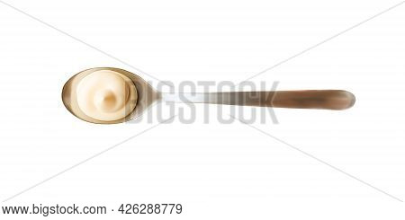 Mayonnaise Drop In The Spoon. Top View Of Sause Splash Isolated On White Background. High Reolution 