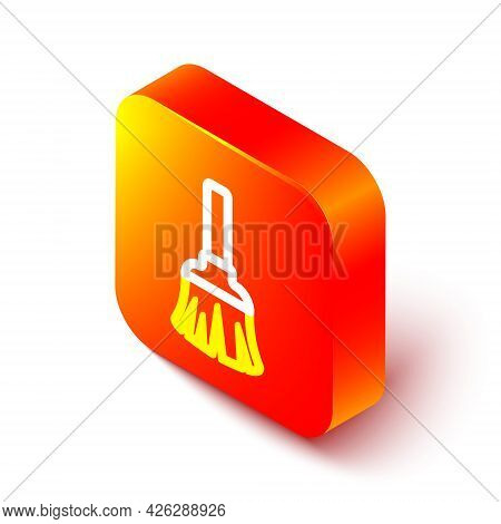 Isometric Line Feather Broom For Cleaning Icon Isolated On White Background. Feather Duster. Orange 