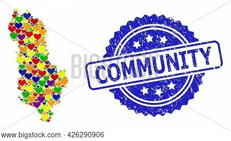 Blue Rosette Textured Stamp With Community Caption. Vector Mosaic Lgbt Map Of Albania With Love Hear