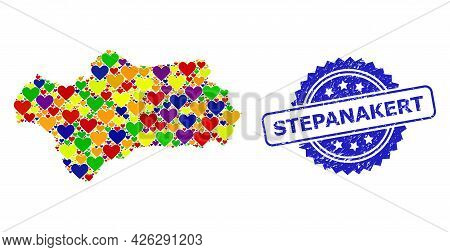 Blue Rosette Scratched Stamp With Stepanakert Text. Vector Mosaic Lgbt Map Of Andalusia Province Wit