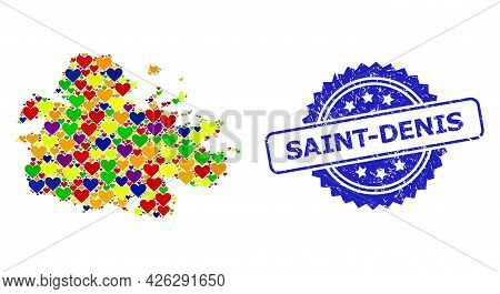 Blue Rosette Scratched Seal With Saint-denis Message. Vector Mosaic Lgbt Map Of Antigua Island With 