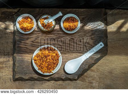 Dried Chilli Paste With Crispy Fish Thai Style Or Crispy Fish Chilli Paste In Ceramic White Cup On W