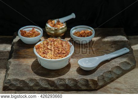 Dried Chilli Paste With Crispy Fish Thai Style Or Crispy Fish Chilli Paste In Ceramic White Cup On W