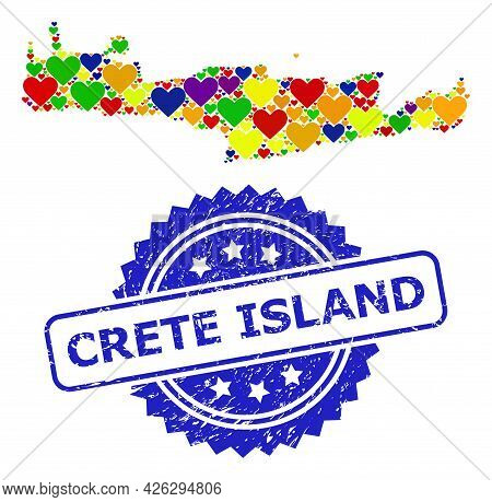 Blue Rosette Distress Seal Stamp With Crete Island Text. Vector Mosaic Lgbt Map Of Crete Island Of L