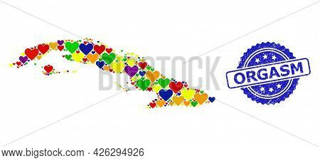 Blue Rosette Textured Seal Stamp With Orgasm Message. Vector Mosaic Lgbt Map Of Cuba From Lovely Hea