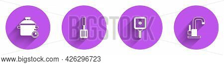 Set Cooking Pot, Barbecue Spatula, Frying Pan And Water Tap Icon With Long Shadow. Vector