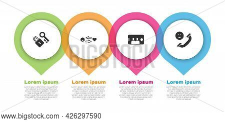 Set Lock With Key, Romantic Relationship, Selfie Mobile And Incoming Call. Business Infographic Temp