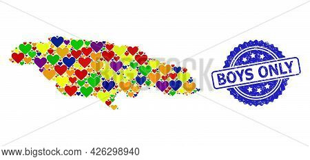 Blue Rosette Textured Seal Imprint With Boys Only Caption. Vector Mosaic Lgbt Map Of Jamaica With He