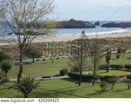 Noja Beach In Cantabria, Spain. Coasts And Coastal Towns In Northern Spain. Europe. Horizontal Photo