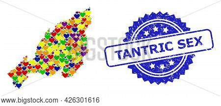 Blue Rosette Grunge Stamp With Tantric Sex Title. Vector Mosaic Lgbt Map Of Nagaland State With Love