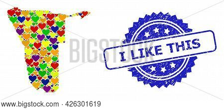 Blue Rosette Textured Seal Imprint With I Like This Caption. Vector Mosaic Lgbt Map Of Namibia With 
