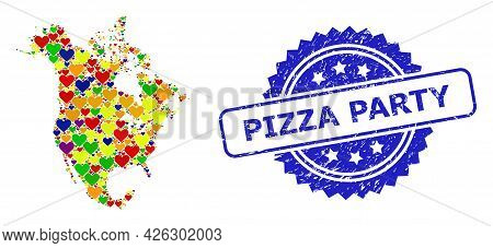 Blue Rosette Textured Seal Stamp With Pizza Party Caption. Vector Mosaic Lgbt Map Of North America O