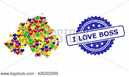 Blue Rosette Grunge Seal Stamp With I Love Boss Caption. Vector Mosaic Lgbt Map Of Northern Ireland 