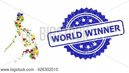 Blue Rosette Distress Watermark With World Winner Caption. Vector Mosaic Lgbt Map Of Philippines Wit