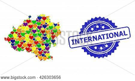 Blue Rosette Textured Stamp With International Phrase. Vector Mosaic Lgbt Map Of Soria Province With
