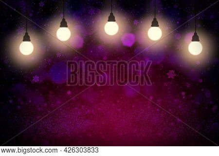 Beautiful Glossy Abstract Background Glitter Lights With Light Bulbs And Falling Snow Flakes Fly Def