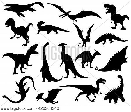 Collection Silhouettes Of Dinosaurs. Dino Monsters Icons. Prehistoric Reptile Monsters. Vector Illus