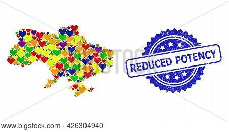 Blue Rosette Grunge Watermark With Reduced Potency Text. Vector Mosaic Lgbt Map Of Ukraine With Hear