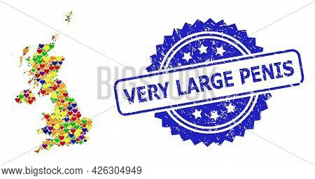Blue Rosette Grunge Seal Imprint With Very Large Penis Caption. Vector Mosaic Lgbt Map Of United Kin