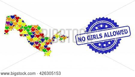 Blue Rosette Rubber Seal With No Girls Allowed Title. Vector Mosaic Lgbt Map Of Uzbekistan From Hear