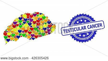 Blue Rosette Rubber Stamp With Testicular Cancer Text. Vector Mosaic Lgbt Map Of Wrangel Island With