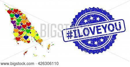 Blue Rosette Textured Watermark With Hashtag Iloveyou Message. Vector Mosaic Lgbt Map Of Koh Chang W
