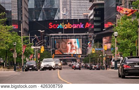 Toronto, Canada - 06 05 2021: Summer View Along Bremner Blvd With Cars In Foreground And Scotiabank 