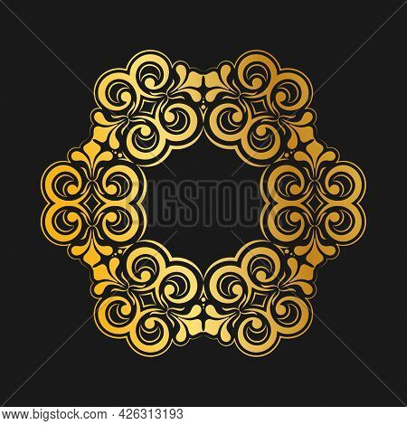 Template For A Decorative Frame With A Place For Text. Golden Round Openwork Ornament For Invitation