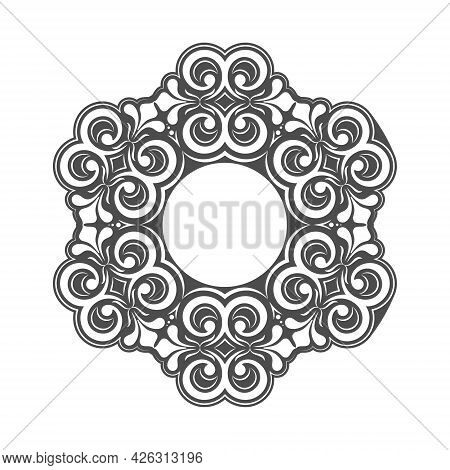 Template For A Decorative Frame With A Place For Text. Golden Round Openwork Ornament For Invitation
