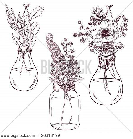 Cute Wild Flowers In Glass Jars, Rustic Forest Weding Design Elements, Fern, Olive Branch, Anemone, 