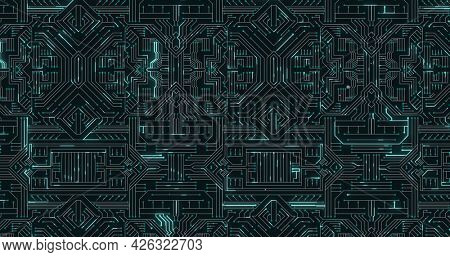Image of glowing green light trails moving on computer circuit board. digital interface computing concept digitally generated image.