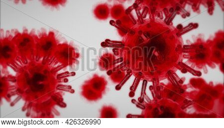 Image of macro red coronavirus cells flowing and spreading on white background. Medicine public health pandemic coronavirus outbreak concept digitally generated image.