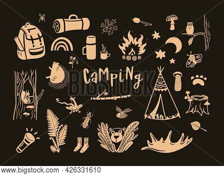 Camping Hand Drawn Cute Vector Elements Against The Dark Background