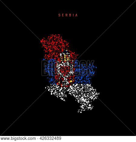 Serbia Flag Map, Chaotic Particles Pattern In The Colors Of The Serbian Flag. Vector Illustration Is