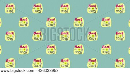 Image of multiple rows of Back To School text icons moving in seamless loop on green background. Education back to school and learning concept digitally generated image.