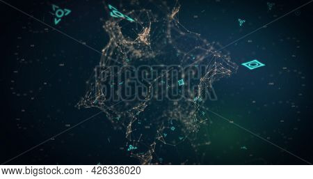 Image of QR code flashing data scanning and processing and digital interface with glowing network in the background. Online security concept digitally generated image.